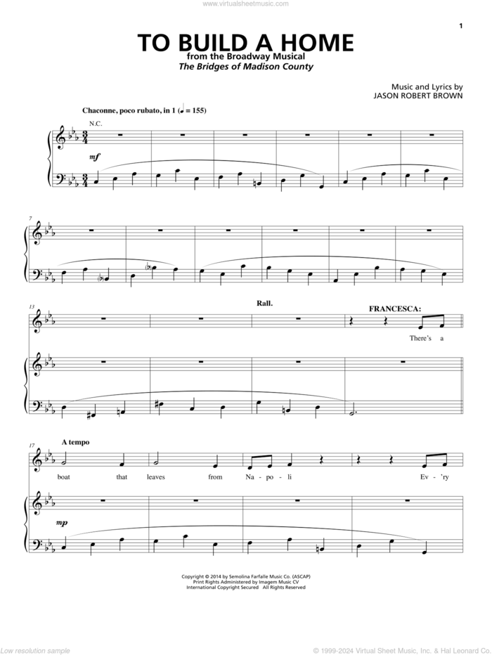 To Build A Home (from The Bridges of Madison County) sheet music for voice and piano by Jason Robert Brown, intermediate skill level