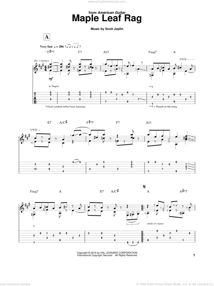 Maple Leaf Rag sheet music for guitar solo by Scott Joplin and Pat Donohue, intermediate skill level