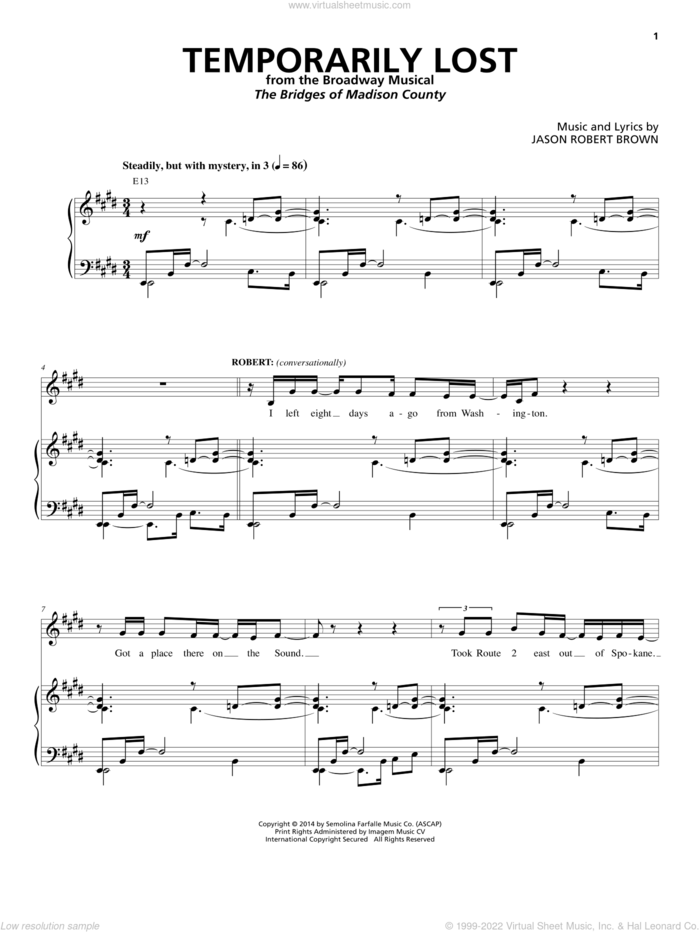 Temporarily Lost (from The Bridges of Madison County) sheet music for voice and piano by Jason Robert Brown, intermediate skill level