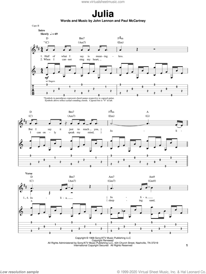 Julia sheet music for guitar (tablature, play-along) by The Beatles, John Lennon and Paul McCartney, intermediate skill level
