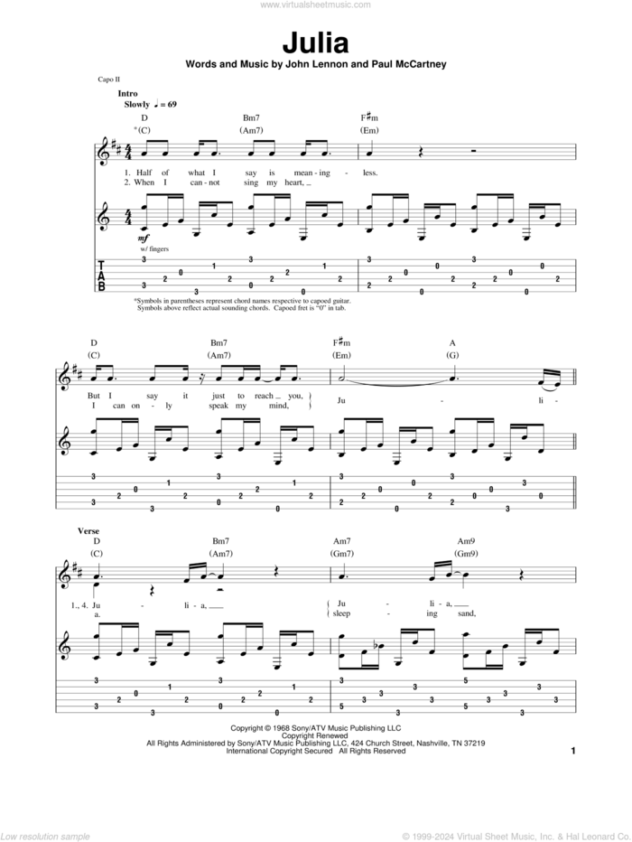 Julia sheet music for guitar (tablature, play-along) by The Beatles, John Lennon and Paul McCartney, intermediate skill level