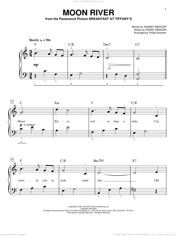 Moon River (arr. Phillip Keveren), (easy) (arr. Phillip Keveren) sheet music for piano solo by Johnny Mercer, Phillip Keveren, Andy Williams and Henry Mancini, wedding score, easy skill level