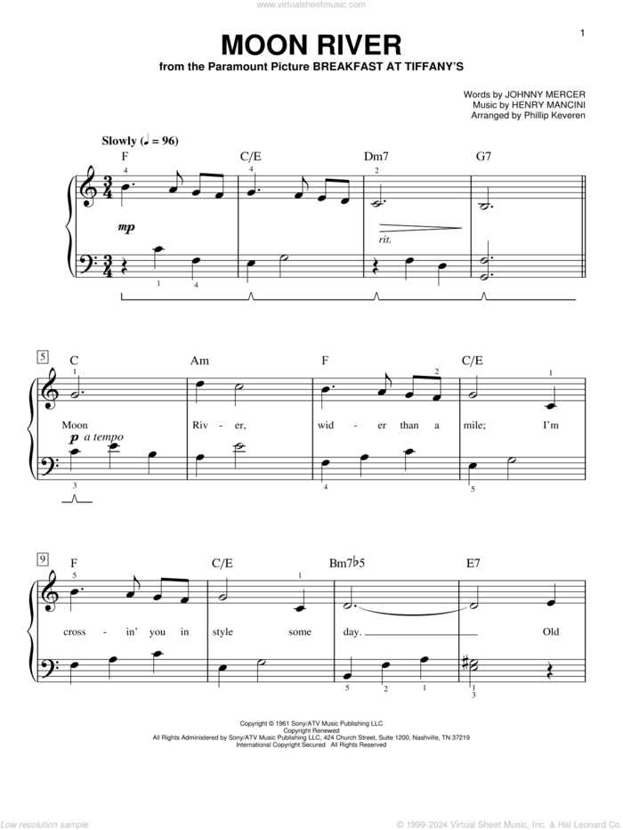 Moon River (arr. Phillip Keveren), (easy) (arr. Phillip Keveren) sheet music for piano solo by Johnny Mercer, Phillip Keveren, Andy Williams and Henry Mancini, wedding score, easy skill level