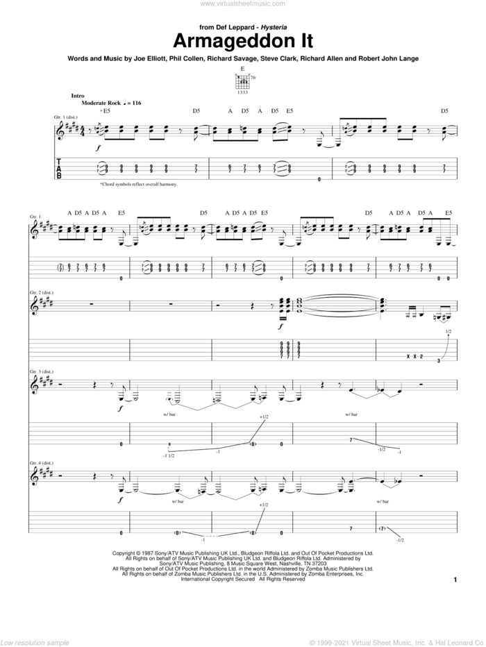 Armageddon It sheet music for guitar (tablature) by Def Leppard, Joe Elliott, Phil Collen, Richard Allen, Richard Savage, Robert John Lange and Steve Clark, intermediate skill level