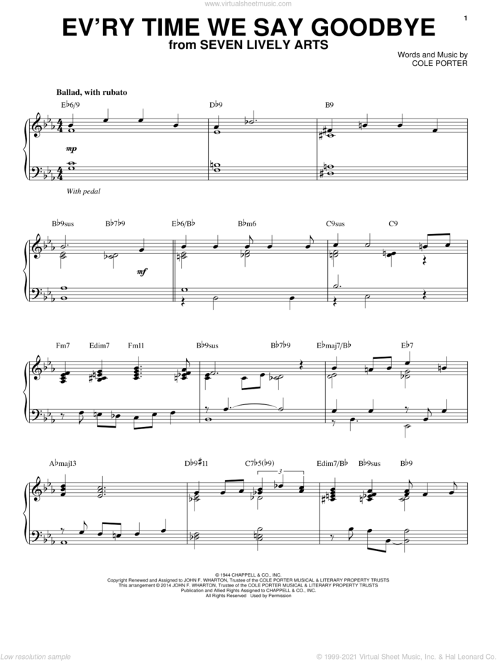 Ev'ry Time We Say Goodbye [Jazz version] (arr. Brent Edstrom) sheet music for piano solo by Cole Porter and Stan Kenton, intermediate skill level