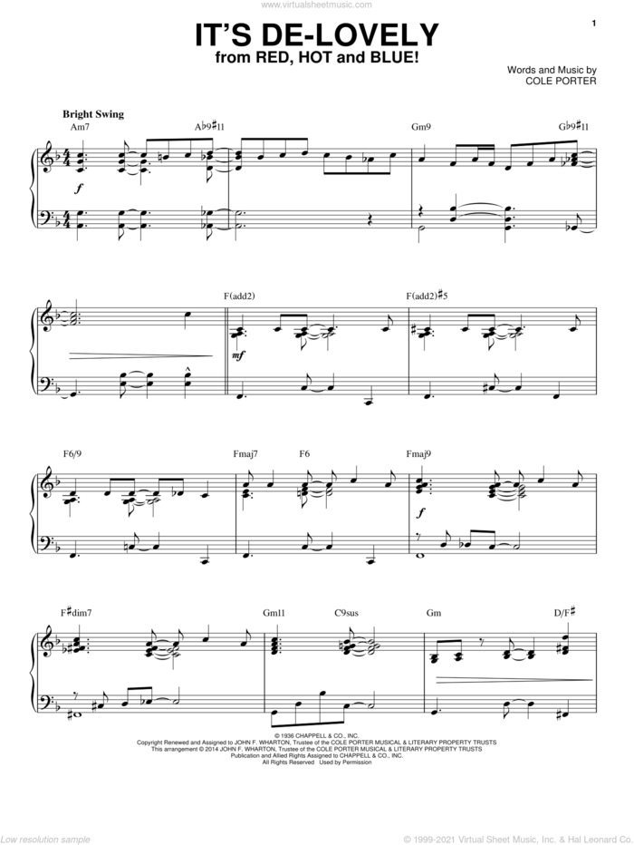 It's De-Lovely [Jazz version] (arr. Brent Edstrom) sheet music for piano solo by Cole Porter, intermediate skill level