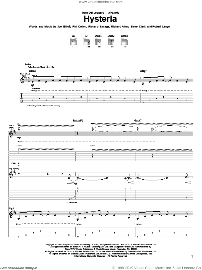 Hysteria sheet music for guitar (tablature) by Def Leppard, Joe Elliott, Phil Collen, Richard Allen, Richard Savage, Robert John Lange and Steve Clark, intermediate skill level