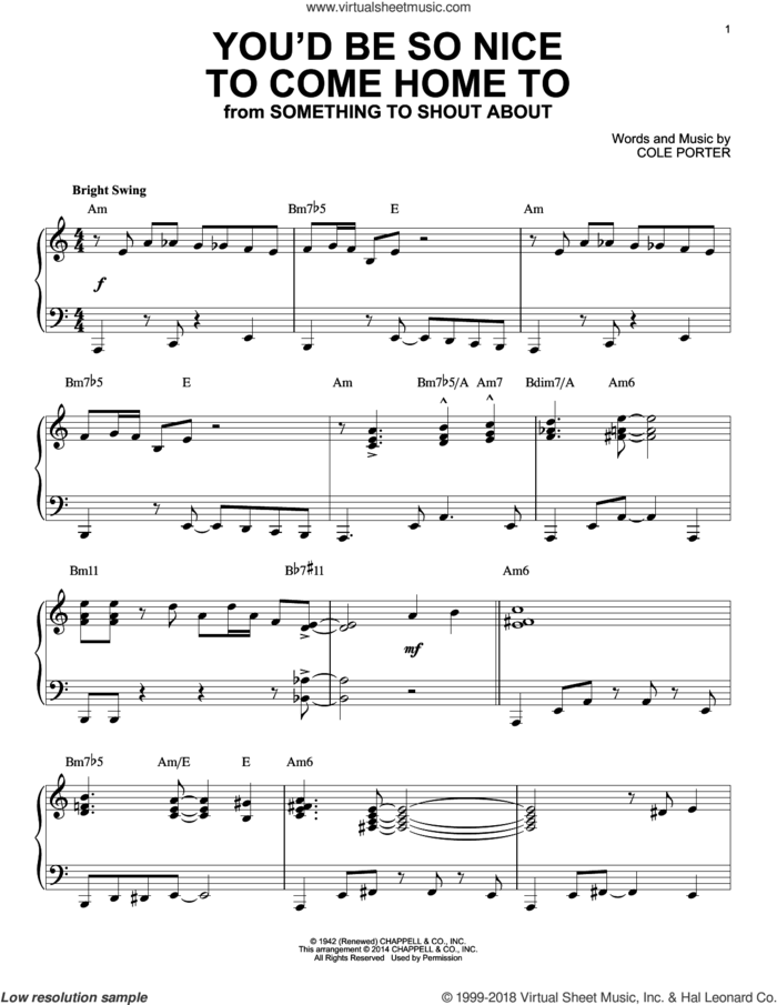 You'd Be So Nice To Come Home To [Jazz version] (arr. Brent Edstrom) sheet music for piano solo by Cole Porter, intermediate skill level