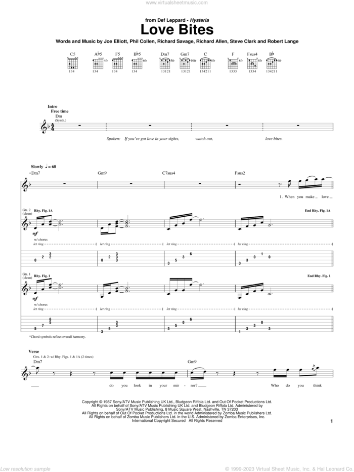 Love Bites sheet music for guitar (tablature) by Def Leppard, Joe Elliott, Phil Collen, Richard Allen, Richard Savage, Robert John Lange and Steve Clark, intermediate skill level