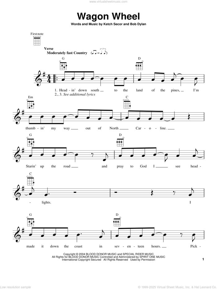 Wagon Wheel (from The Daily Ukulele) sheet music for ukulele by Bob Dylan, Old Crow Medicine Show and Ketch Secor, intermediate skill level