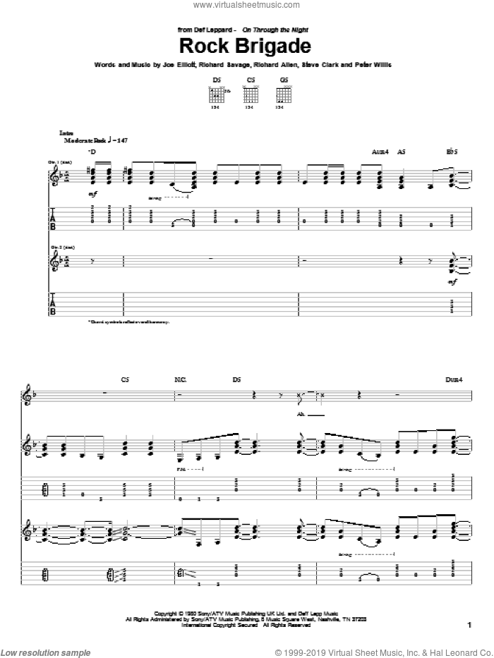 Rock Brigade sheet music for guitar (tablature) by Def Leppard, Joe Elliott, Peter Willis, Richard Allen, Richard Savage and Steve Clark, intermediate skill level