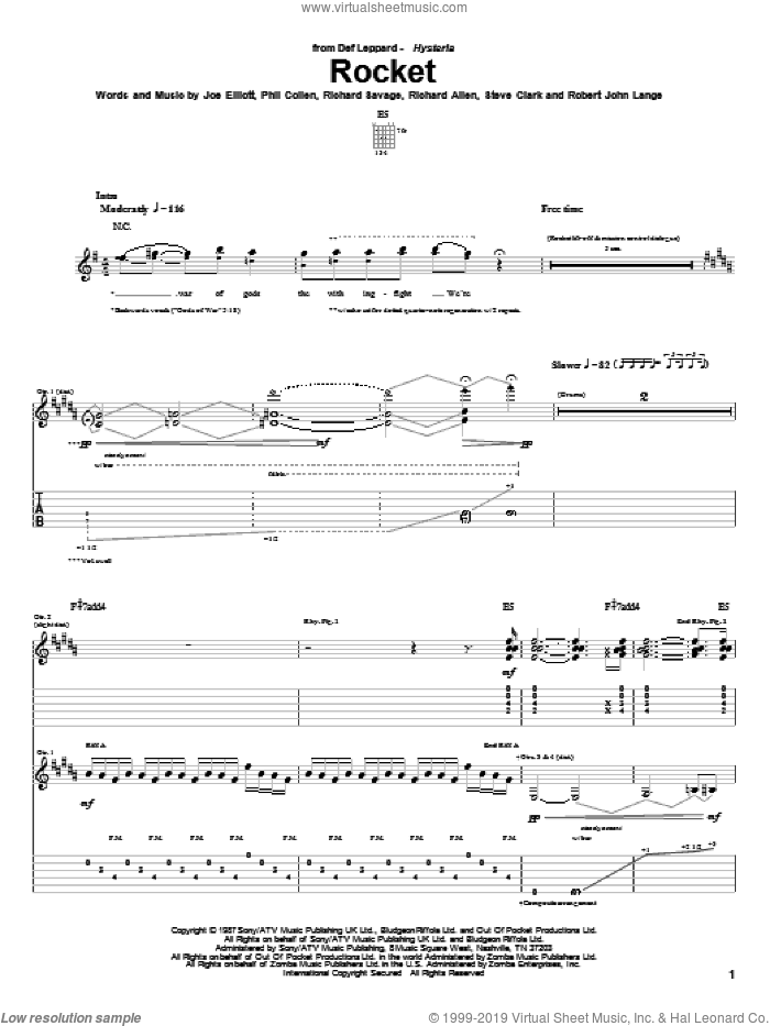 Rocket sheet music for guitar (tablature) by Def Leppard, Joe Elliott, Phil Collen, Richard Allen, Richard Savage, Robert John Lange and Steve Clark, intermediate skill level