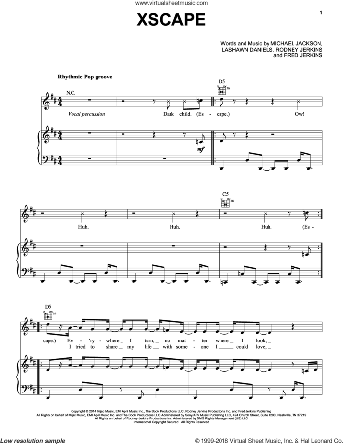 Xscape sheet music for voice, piano or guitar by Michael Jackson, Fred Jerkins, LaShawn Daniels and Rodney Jerkins, intermediate skill level