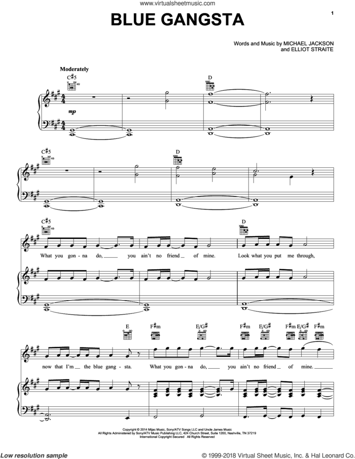 Blue Gangsta sheet music for voice, piano or guitar by Michael Jackson and Elliot Straite, intermediate skill level