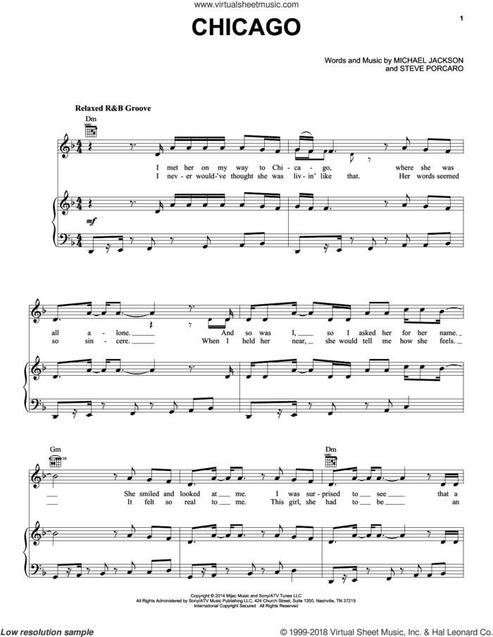 Chicago sheet music for voice, piano or guitar by Michael Jackson and Steve Porcaro, intermediate skill level