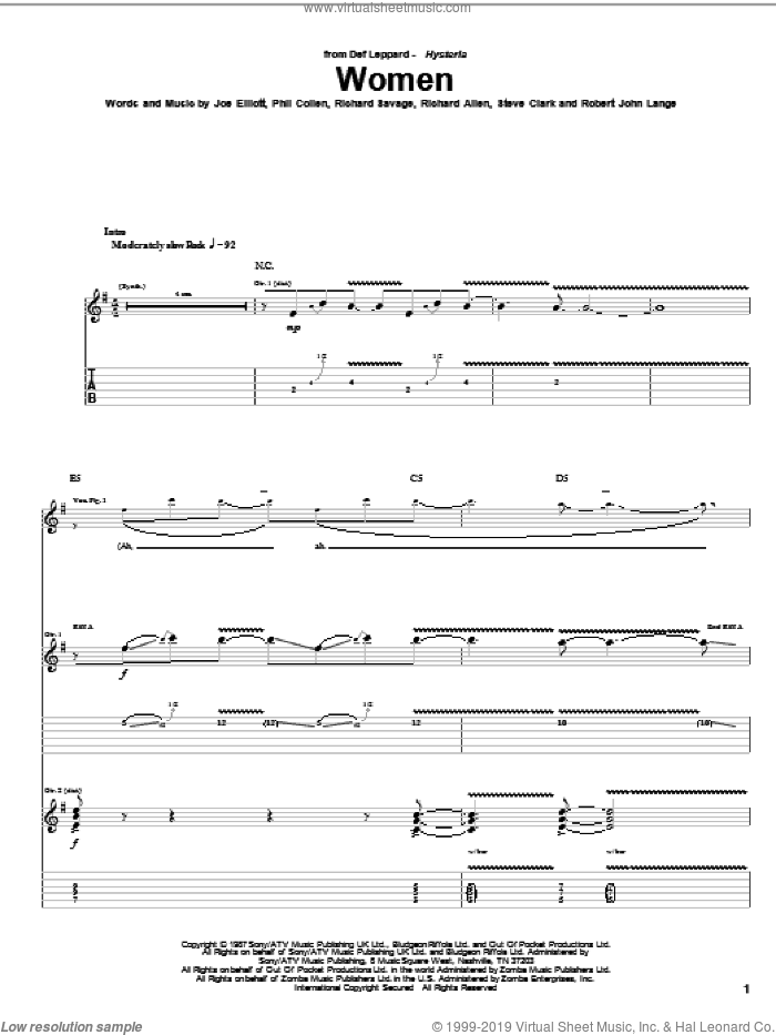 Women sheet music for guitar (tablature) by Def Leppard, Joe Elliott, Phil Collen, Richard Allen, Richard Savage, Robert John Lange and Steve Clark, intermediate skill level