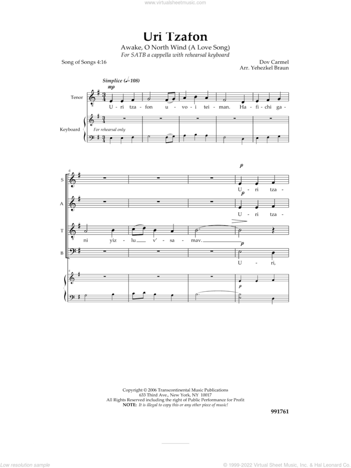 Uri Tzafon sheet music for choir (SATB: soprano, alto, tenor, bass) by Yehezkel Braun and Dov Carmel, intermediate skill level