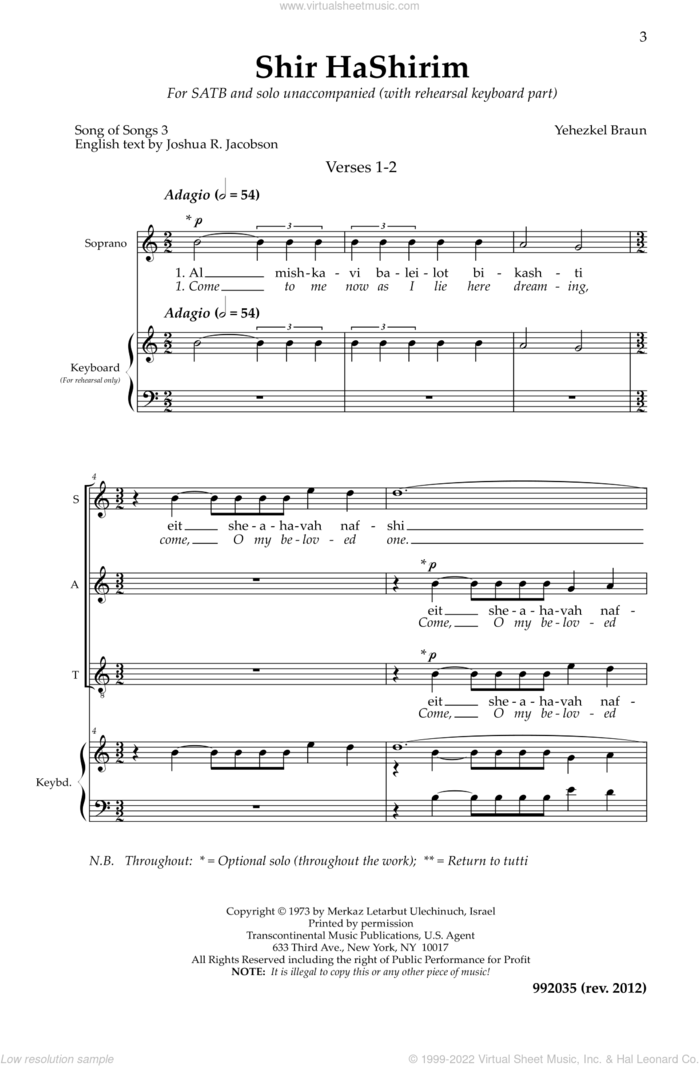 Shir HaShirim sheet music for choir (SATB: soprano, alto, tenor, bass) by Yehezkel Braun, intermediate skill level