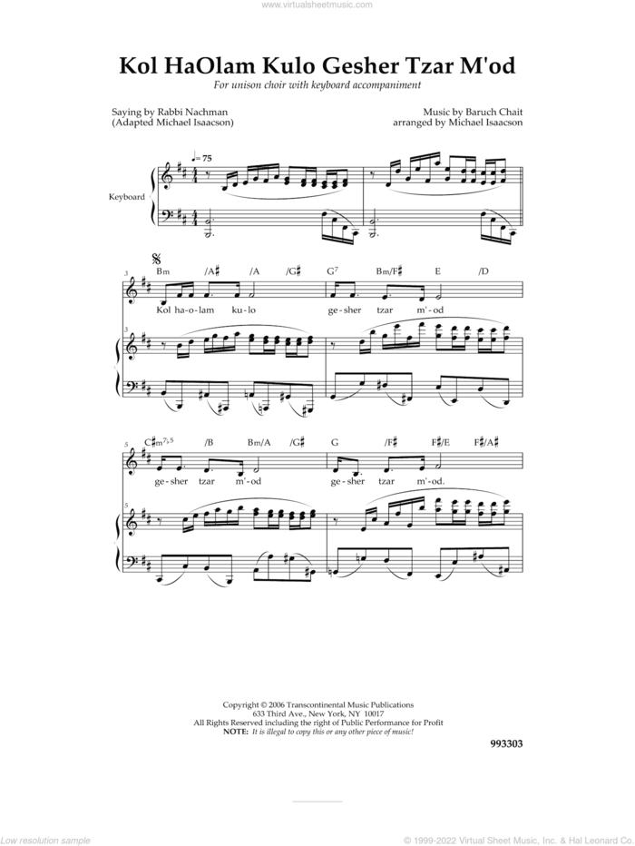 Kol Haolam Kulo Gesher Tzar M'od sheet music for choir (Unison) by Michael Isaacson and Baruch Chait, intermediate skill level