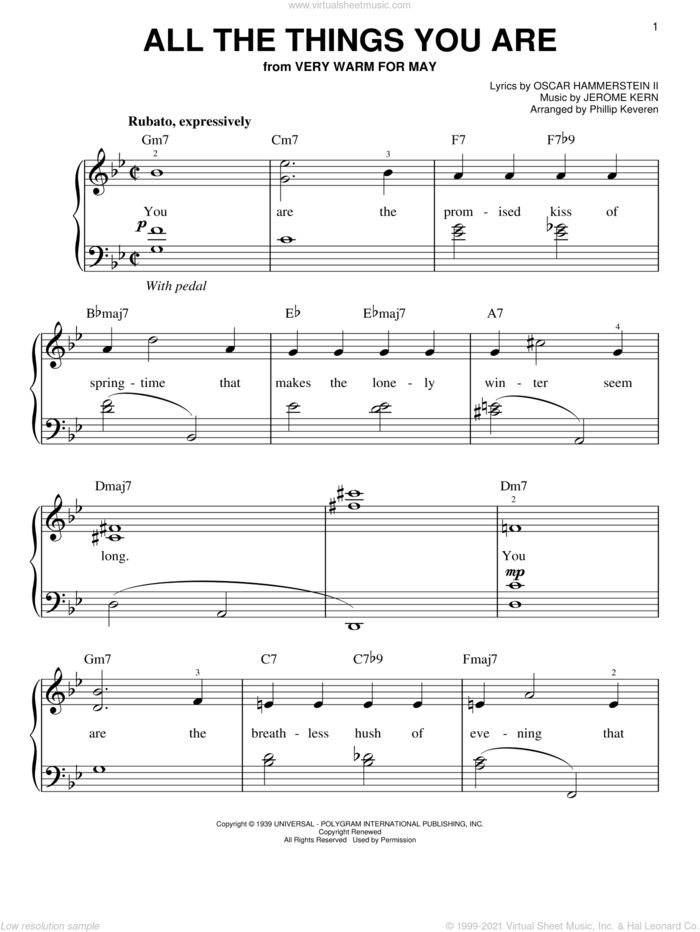 All The Things You Are (arr. Phillip Keveren), (easy) (arr. Phillip Keveren) sheet music for piano solo by Jerome Kern, Phillip Keveren and Oscar II Hammerstein, wedding score, easy skill level