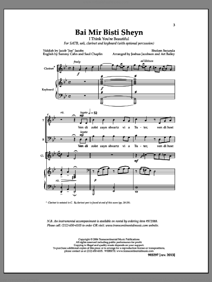 Bai Mir Bisti Sheyn sheet music for choir (SATB: soprano, alto, tenor, bass) by Joshua Jacobson, Art Bailey and Sholom Secunda, intermediate skill level