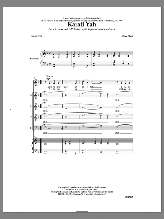 Karati Yah sheet music for choir (SATB: soprano, alto, tenor, bass) by Steven Sher, intermediate skill level