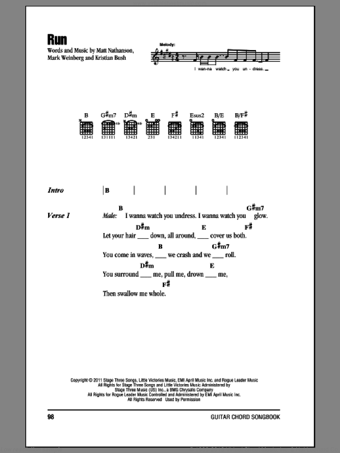 Run sheet music for guitar (chords) by Matt Nathanson, Sugarland, Kristian Bush and Mark Weinberg, intermediate skill level