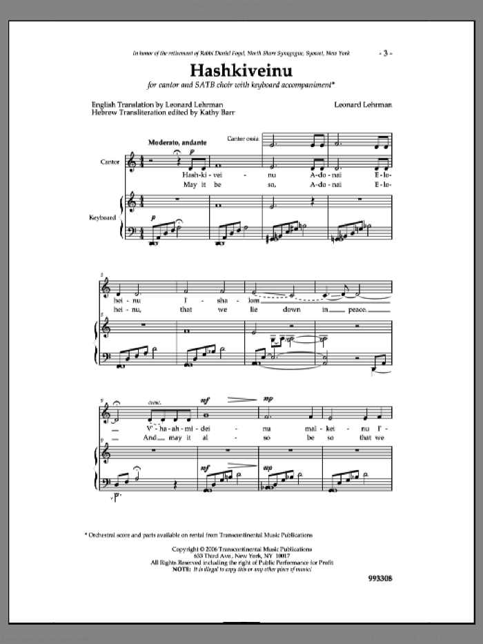 Hashkiveinu sheet music for choir (SATB: soprano, alto, tenor, bass) by Leonard Lehrman, intermediate skill level