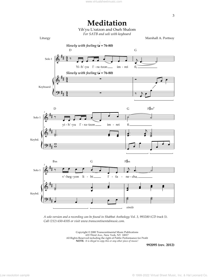 Meditation sheet music for choir (SATB: soprano, alto, tenor, bass) by Marshall Portnoy, intermediate skill level