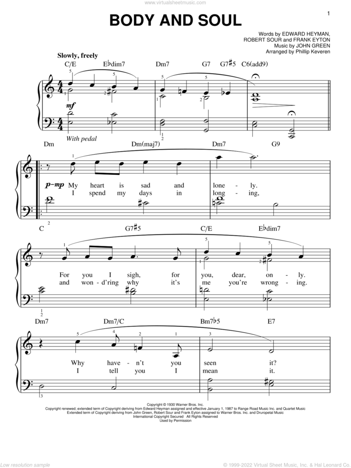 Body And Soul (arr. Phillip Keveren) sheet music for piano solo by Edward Heyman, Phillip Keveren, Frank Eyton, Johnny Green and Robert Sour, easy skill level