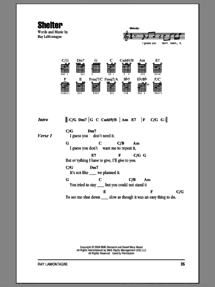 Shelter sheet music for guitar (chords) by Ray LaMontagne, intermediate skill level