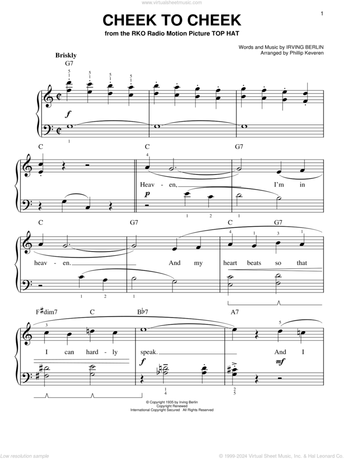 Cheek To Cheek (arr. Phillip Keveren), (easy) sheet music for piano solo by Irving Berlin and Phillip Keveren, easy skill level