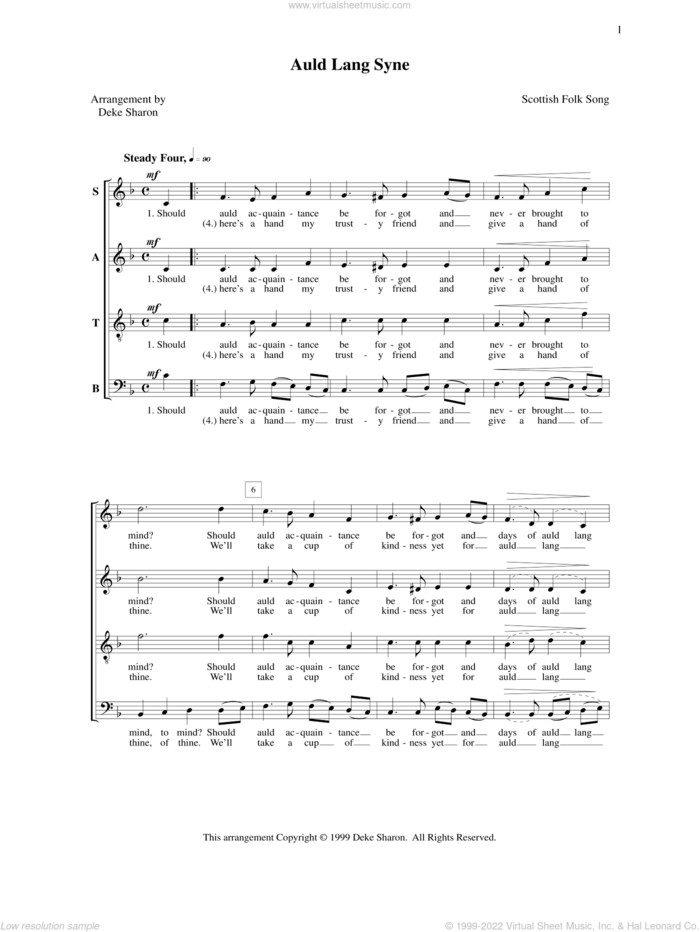 Auld Lang Syne sheet music for choir (SATB: soprano, alto, tenor, bass) by Deke Sharon and Anne Raugh, intermediate skill level