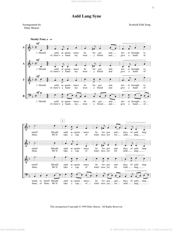 Auld Lang Syne sheet music for choir (SATB: soprano, alto, tenor, bass) by Deke Sharon and Anne Raugh, intermediate skill level