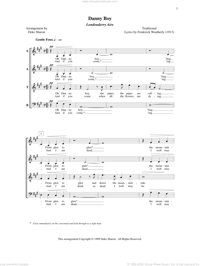 Danny Boy (Londonderry Aire) sheet music for choir (SATB: soprano, alto, tenor, bass) by Deke Sharon, Anne Raugh and Frederick Weatherly, intermediate skill level