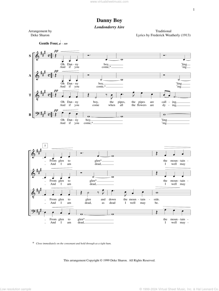 Danny Boy (Londonderry Aire) sheet music for choir (SATB: soprano, alto, tenor, bass) by Deke Sharon, Anne Raugh and Frederick Weatherly, intermediate skill level