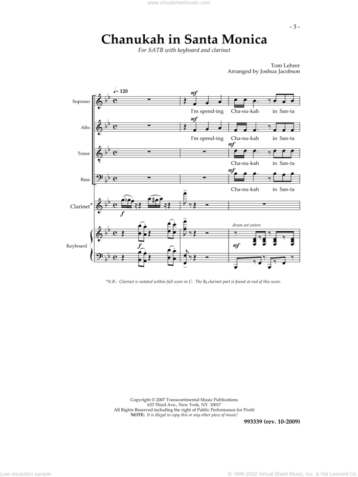 Chanukah in Santa Monica sheet music for choir (SATB: soprano, alto, tenor, bass) by Tom Lehrer and Joshua Jacobson, intermediate skill level