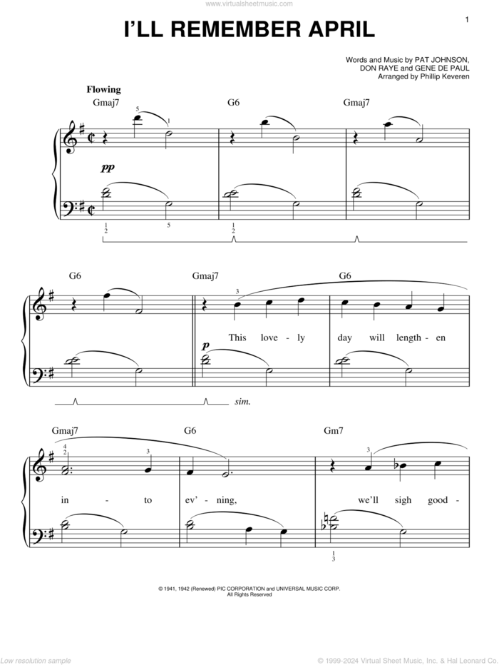 I'll Remember April (arr. Phillip Keveren) sheet music for piano solo by Woody Herman, Phillip Keveren, Don Raye, Gene DePaul and Pat Johnson, easy skill level