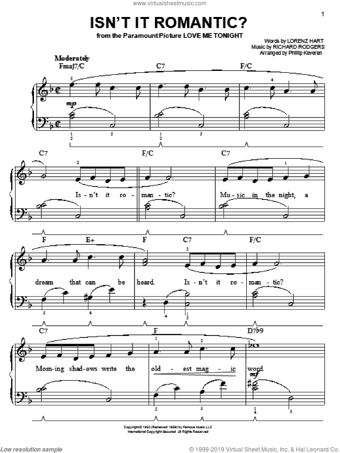 Isn't It Romantic? (arr. Phillip Keveren) sheet music for piano solo by Rodgers & Hart, Phillip Keveren, Lorenz Hart and Richard Rodgers, easy skill level