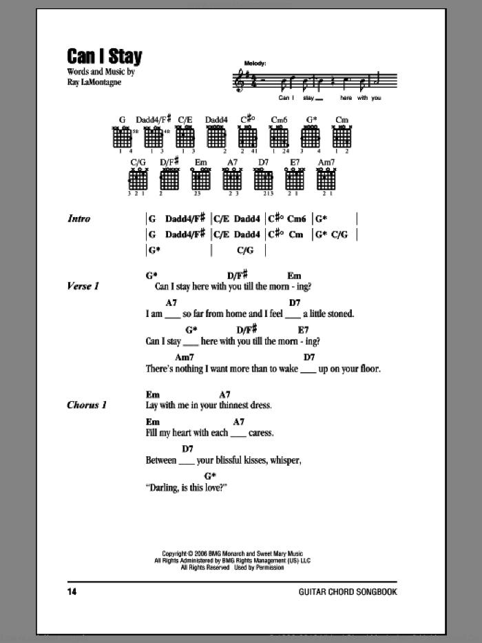 Can I Stay sheet music for guitar (chords) by Ray LaMontagne, intermediate skill level
