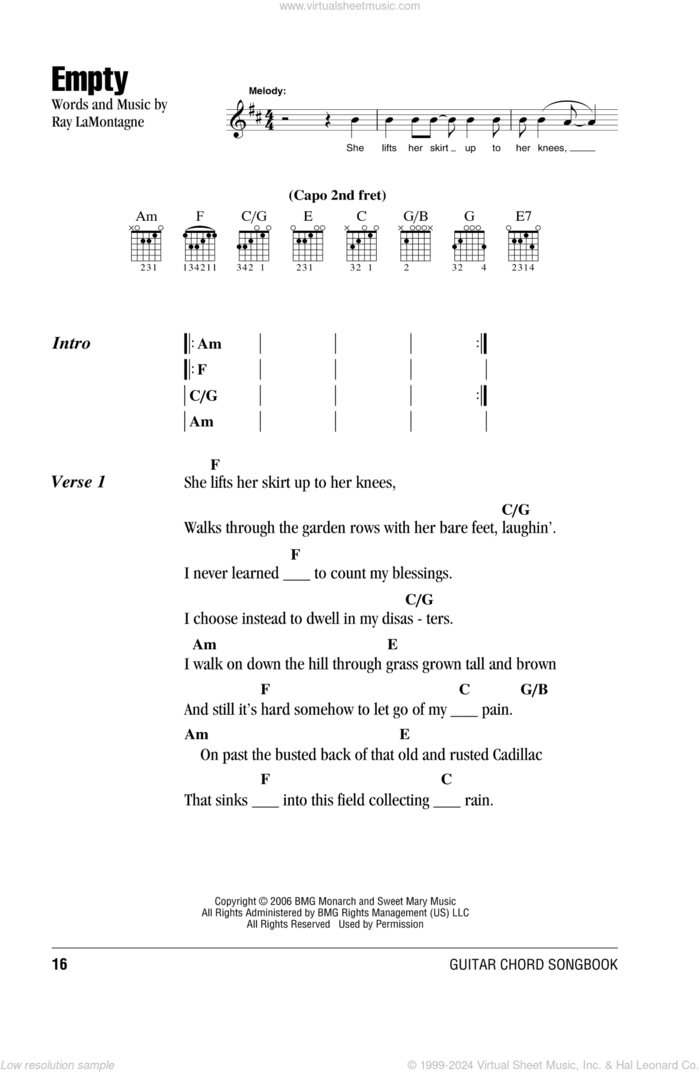 Empty sheet music for guitar (chords) by Ray LaMontagne, intermediate skill level