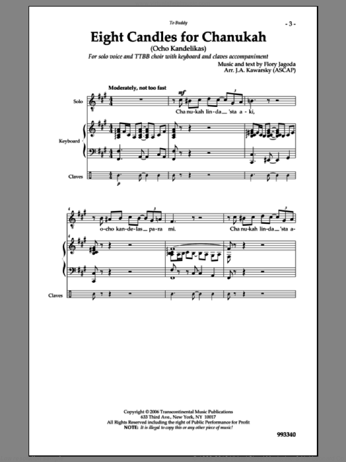 Eight Candles for Chanukah sheet music for choir (TTBB: tenor, bass) by Flory Jagoda and J. A. Kawarsky, intermediate skill level