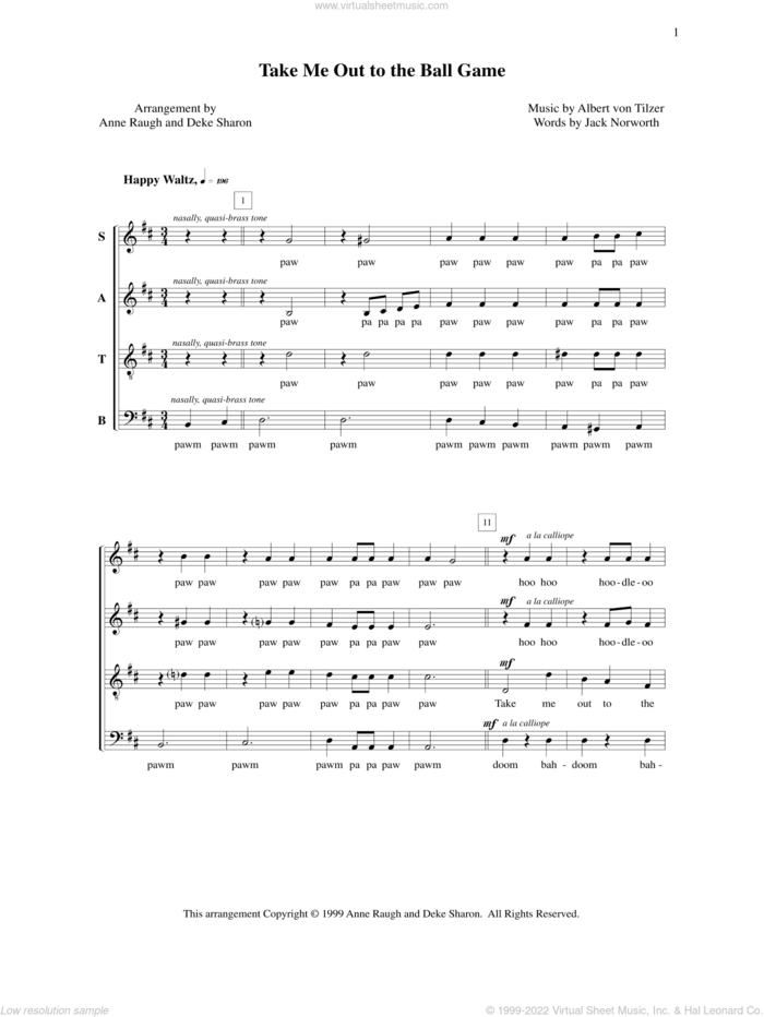 Take Me Out To The Ball Game sheet music for choir (SATB: soprano, alto, tenor, bass) by Deke Sharon, Albert von Tilzer, Anne Raugh and Jack Norworth, intermediate skill level