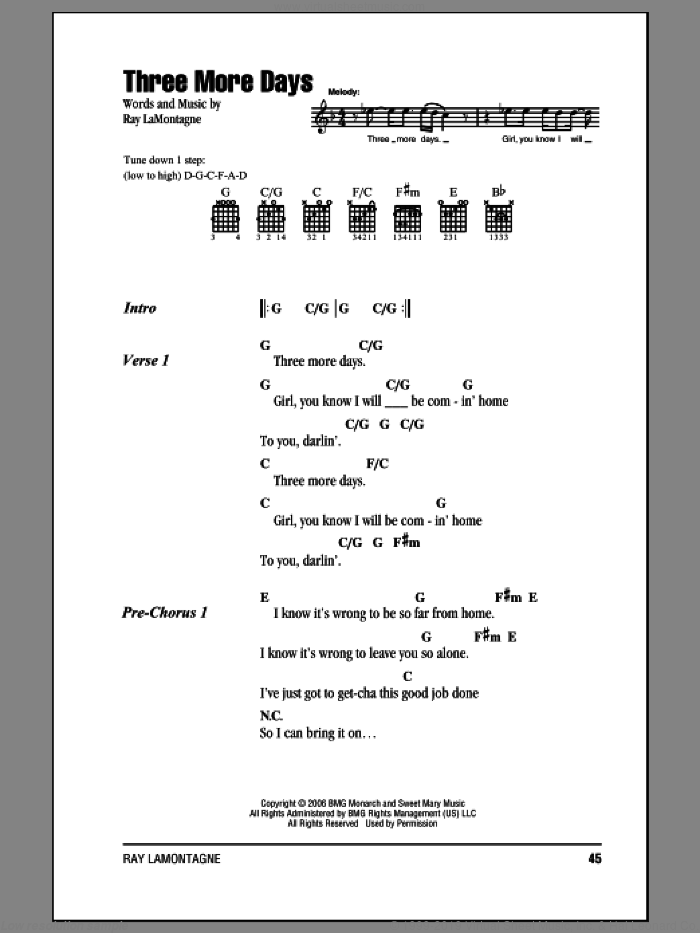 Three More Days sheet music for guitar (chords) by Ray LaMontagne, intermediate skill level