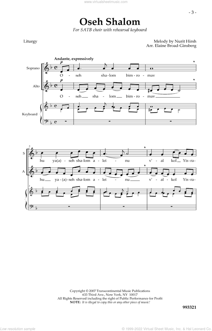 Oseh Shalom sheet music for choir (SATB: soprano, alto, tenor, bass) by Elaine Broad-Ginsberg and Nurit Hirsh, intermediate skill level