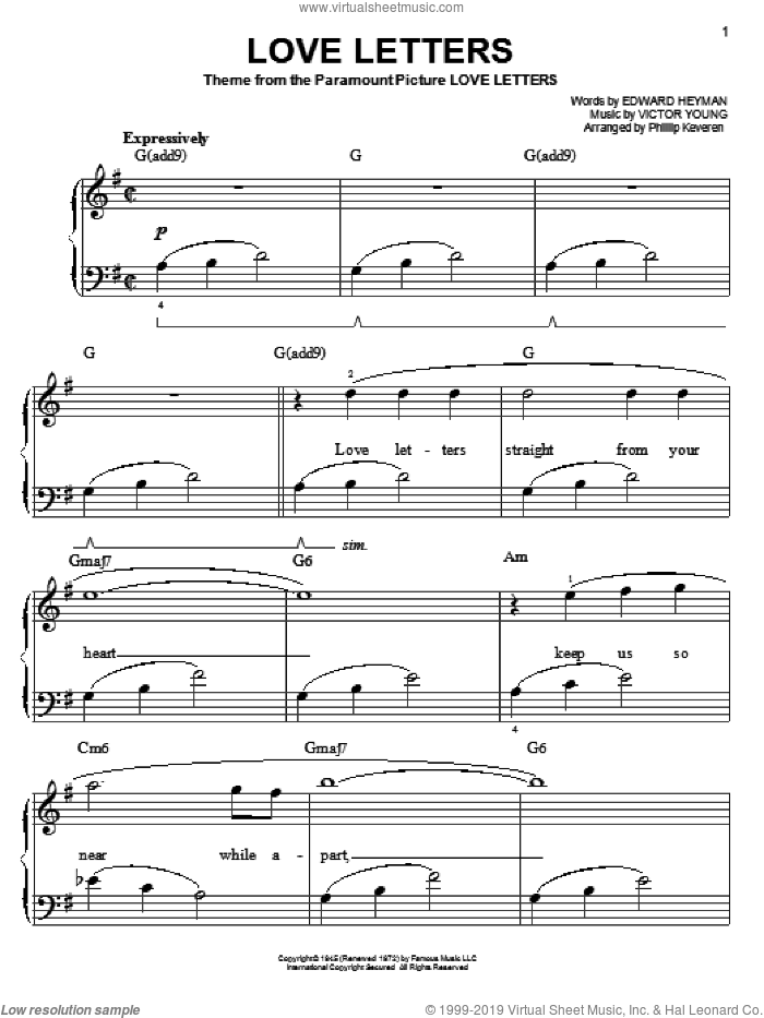 Love Letters (arr. Phillip Keveren) sheet music for piano solo by Edward Heyman, Phillip Keveren, Diana Krall, Elvis Presley and Victor Young, easy skill level
