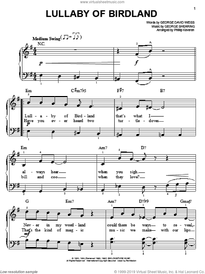 Lullaby Of Birdland (arr. Phillip Keveren) sheet music for piano solo by George Shearing, Phillip Keveren and George David Weiss, easy skill level