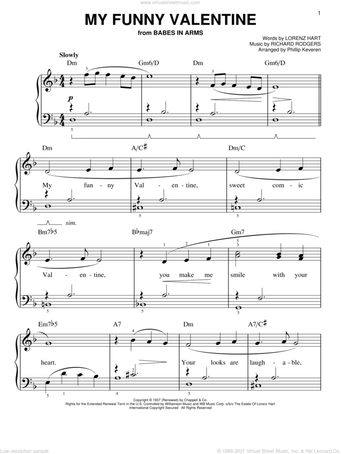 My Funny Valentine (arr. Phillip Keveren), (easy) sheet music for piano solo by Rodgers & Hart, Phillip Keveren, Babes In Arms (Musical), Lorenz Hart and Richard Rodgers, easy skill level