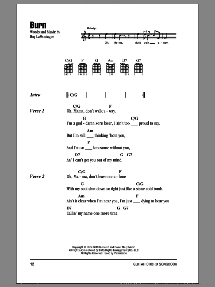 Burn sheet music for guitar (chords) by Ray LaMontagne, intermediate skill level