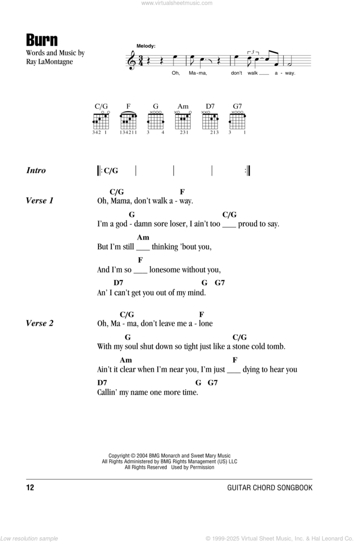 Burn sheet music for guitar (chords) by Ray LaMontagne, intermediate skill level